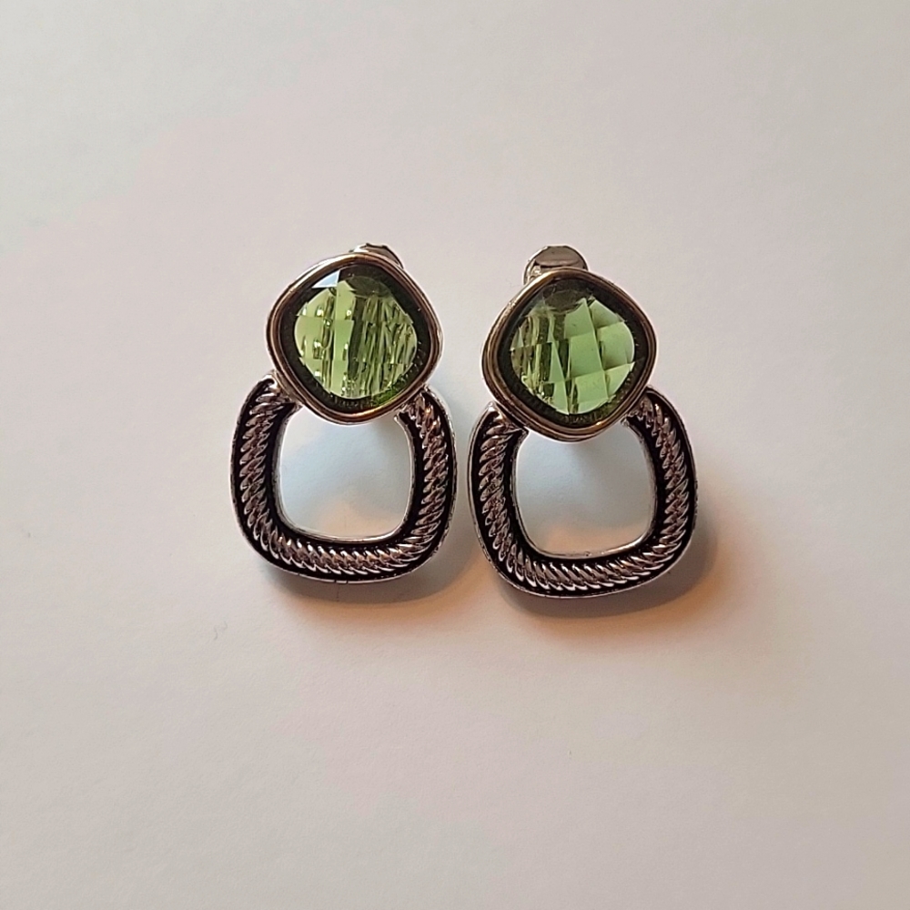 Silver and Green Clip on Earrings
